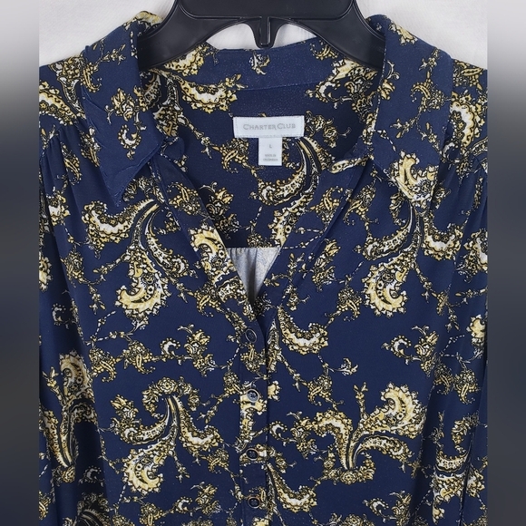 Charter Club Navy and Yellow Paisley Print Button Down Shirt Sz L - Picture 2 of 10